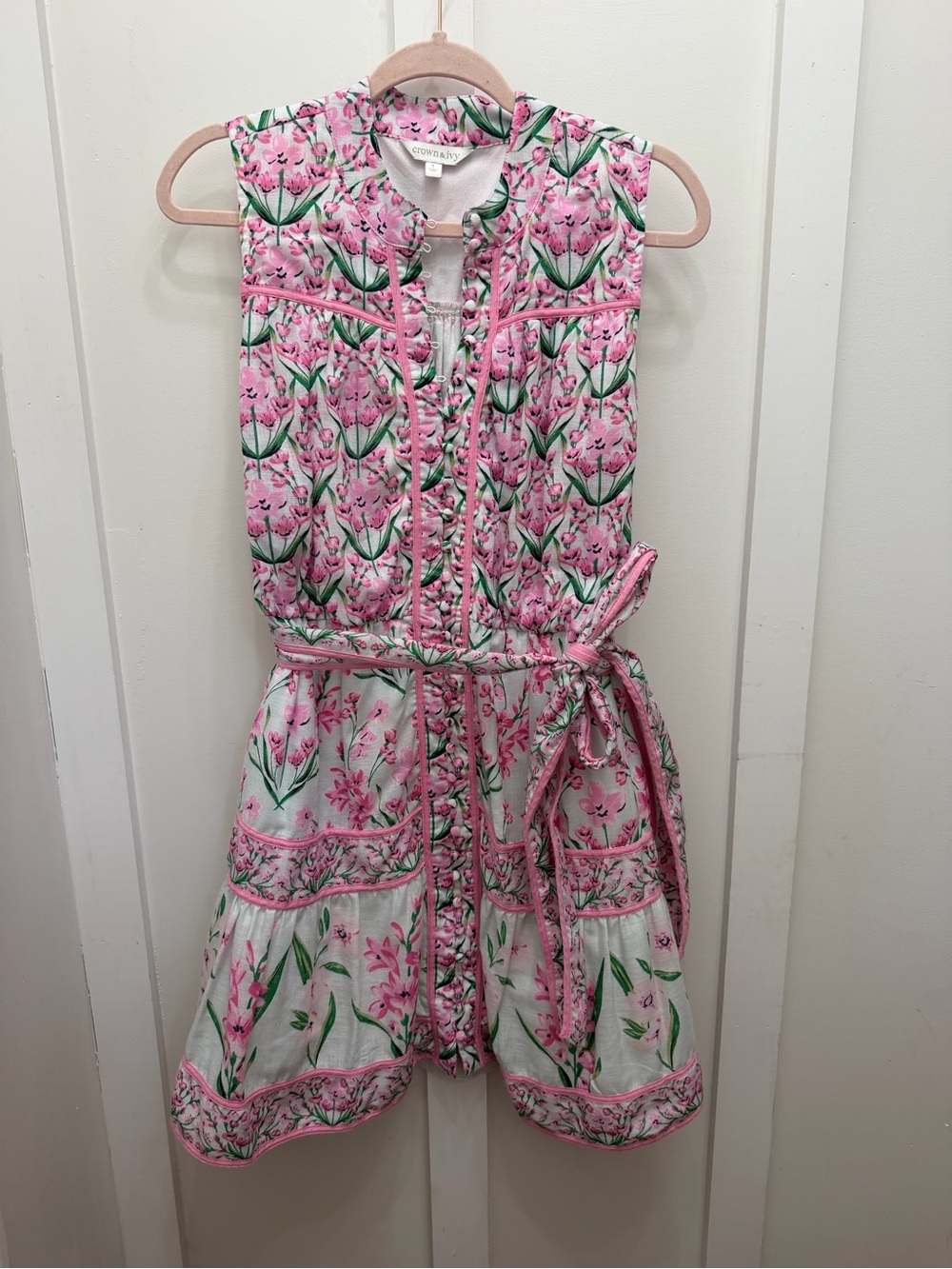crown & ivy White Floral Dress with Pink and Green Print